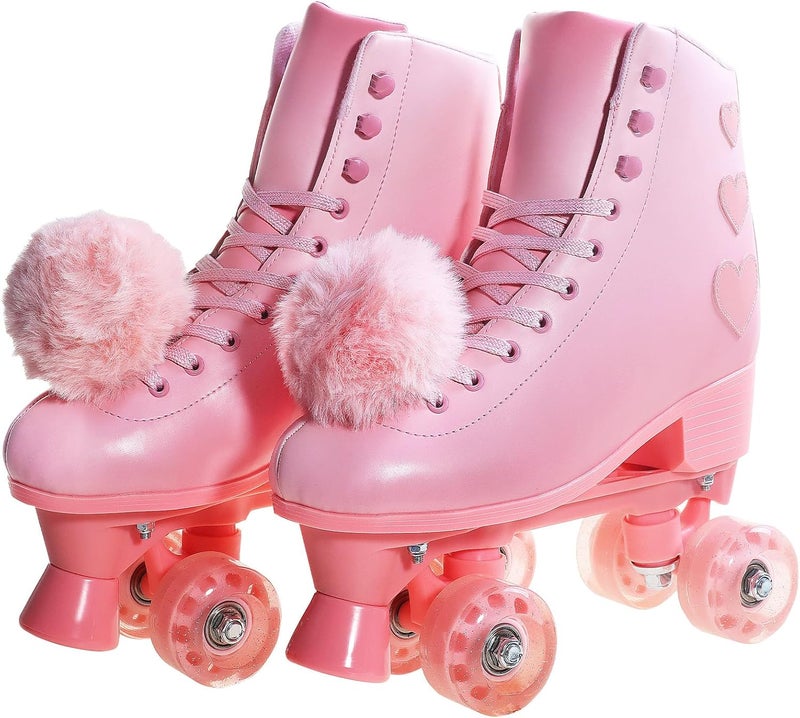 JetHok Roller Skates for Women, High Top PU Leather Rollerskates, Shiny Double-Row Four Pink Wheels Quad Skates for Girls and Age 8-50 Indoor Outdoor - Image 4